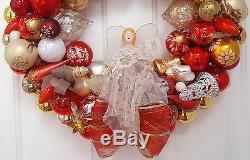 Vintage Angel Glass Christmas Ornament Wreath Hand Crafted 23 Red Gold Silver