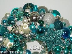 Vintage Aqua Christmas ornament wreath 16 Inch Germany Glass 17047 Silver Teal