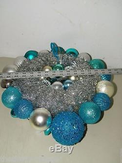 Vintage Aqua Christmas ornament wreath 16 Inch Germany Glass 17047 Silver Teal