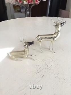 Vintage Christmas Blown Mercury Glass Bimini Deer Sits Antlers Set Of 2 Germany