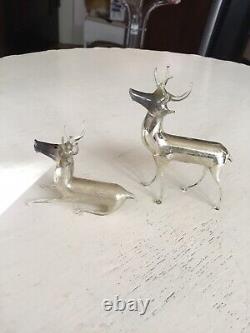 Vintage Christmas Blown Mercury Glass Bimini Deer Sits Antlers Set Of 2 Germany