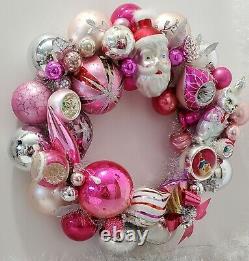 Vintage Christmas Ornament Wreath Pink/Silver Mercury Glass Santa & Kitty 14
