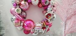 Vintage Christmas Ornament Wreath Pink/Silver Mercury Glass Santa & Kitty 14