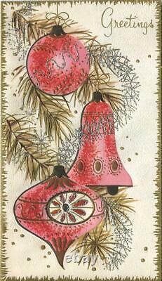 Vintage Christmas Pink Silver MCM Embossed Ornaments Silver Gold Greeting Card