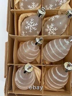 Vintage Frosted Glass Flocked Snowflake Striped Teardrop Ornaments Set Of 12