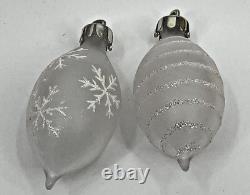 Vintage Frosted Glass Flocked Snowflake Striped Teardrop Ornaments Set Of 12