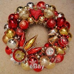 Vintage Handmade Christmas Ornament Wreath 17.5 Red Gold & Silver Glass (171)