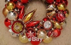Vintage Handmade Christmas Ornament Wreath 17.5 Red Gold & Silver Glass (171)