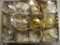 Vintage New Lot of 5 Gold and 5 Silver Walnut Glass Christmas Ornaments Germany