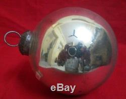 Vintage Old Bright Silver Glass Round Shape Big 5'' Kugel Christmas Ornament