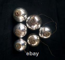 Vintage Original Brass & Glass Six Silver Christmas Ball Ornaments Germany 1940