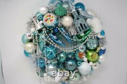 Vintage Ornament Wreath Christmas Front Door Wreath Blue Silver Green White