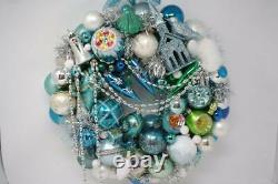 Vintage Ornament Wreath Christmas Front Door Wreath Blue Silver Green White