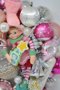 Vintage Ornament Wreath Shabby Cottage Chic Pink Silver White Christmas Wreath