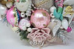 Vintage Ornament Wreath Shabby Cottage Chic Pink Silver White Christmas Wreath
