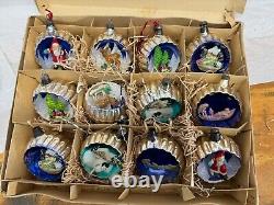 Vintage Rare Set of 12 Diorama Ornaments in Original Box Made In Italy 2-1/4