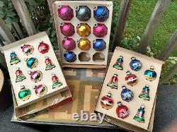 Vintage Shiny Brite (30) Ornaments Striped Bells Green Red Silver Glitter glass