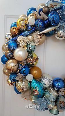 Vintage Silver Blue Glass Christmas Ornament Wreath Hand Crafted 23 Bell Topper