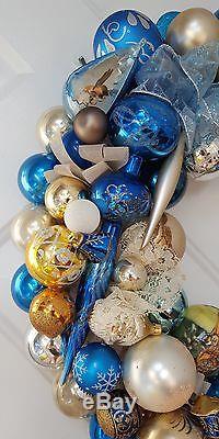 Vintage Silver Blue Glass Christmas Ornament Wreath Hand Crafted 23 Bell Topper