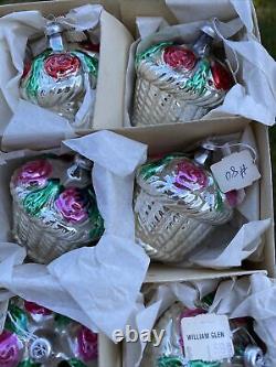 Vintage Store Box Of 12 Mercury Glass Flower Basket Germany Christmas Ornament