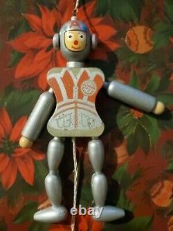 Vtg 1962 Hand Painted Wood Pull String Toy Space Robot, Astronaut Xmas Ornament