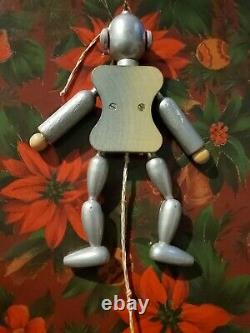 Vtg 1962 Hand Painted Wood Pull String Toy Space Robot, Astronaut Xmas Ornament