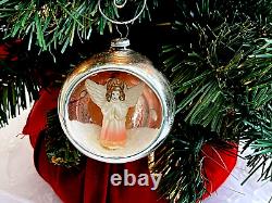 Vtg 6 Mercury Glass Diorama Xmas Ornaments Celluloid Santa Angels Stag Church