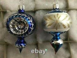 Vtg Painted Finial Ball & Indented Finial Ball Glittered Xmas Ornaments set of 8