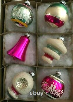 Vtg Shiny Brite USA Unsilvered Tornado Indents Pink Xmas Ornaments Box Of 12