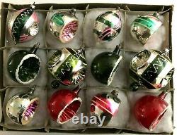 Vtg Xmas Ornaments Mercury Glass Pink Triple Indent Reflector German 40s BOX 12