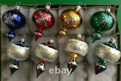 Vtg Xmas Ornaments Painted Finial Ball & Indented Finial Ball Glittered Set of 8