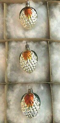Vtg Xmas Ornaments Silver Mercury Glass Bumpy Painted Flower Berry GERMAN Box 12