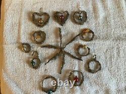 WOW! 12 Antique VINTAGE GERMAN TINSEL STAR ORNAMENT WIRE Feather Tree Heart Bulb