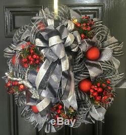 XLG Christmas Holiday Wreath Deco MeshSilver/Black withRed Ornaments Silver Deer