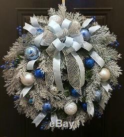XLG Christmas Wreath in Silver and Blue with Ornaments and Double Bow