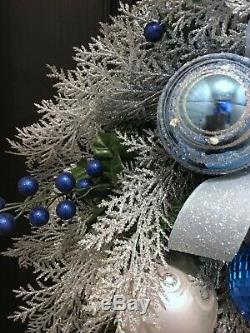 XLG Christmas Wreath in Silver and Blue with Ornaments and Double Bow